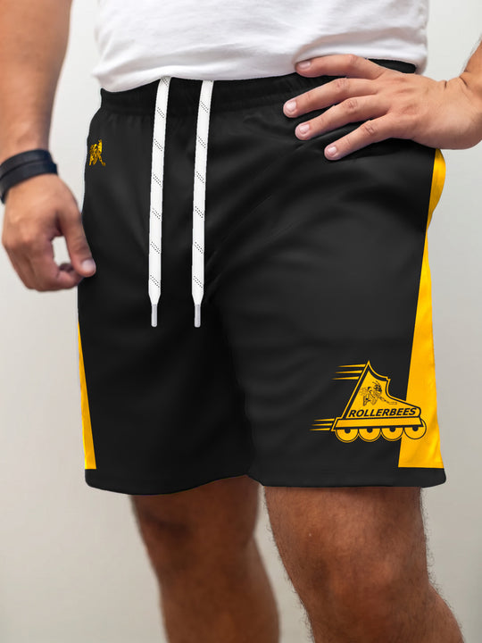 Model wearing the Bench Clearers Utah Rollerbees Alternate Hockey Shorts - front view