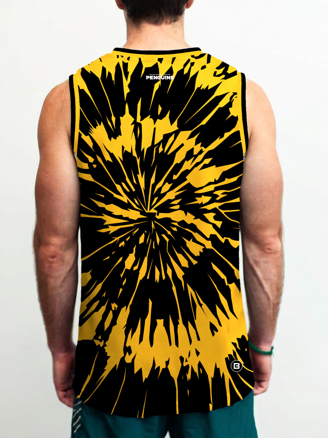 Model wearing the Bench Clearers Wilkes-Barre/Scranton Penguins Tie-Dye Hockey Tank - back view