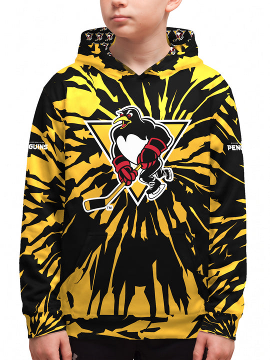 Youth model wearing the Bench Clearers Wilkes-Barre/Scranton Penguins Tie-Dye Youth Hockey Hoodie - front view