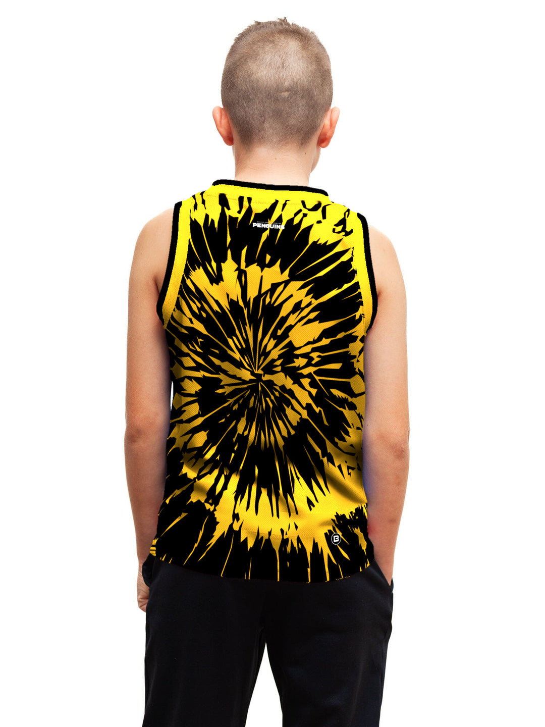 Youth model wearing the Bench Clearers Wilkes-Barre/Scranton Penguins Tie-Dye Youth Hockey Tank - back view