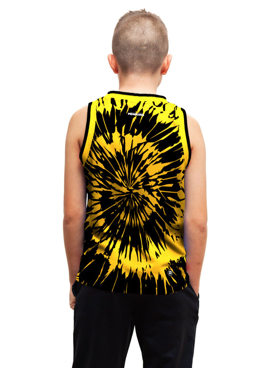 Youth model wearing the Bench Clearers Wilkes-Barre/Scranton Penguins Tie-Dye Youth Hockey Tank - back view