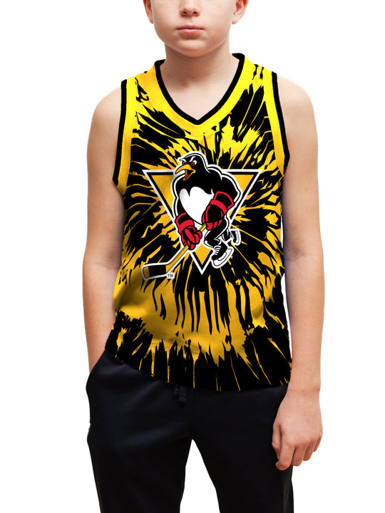 Youth model wearing the Bench Clearers Wilkes-Barre/Scranton Penguins Tie-Dye Youth Hockey Tank - front view, hand in pocket