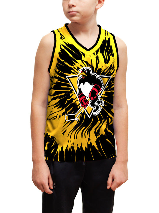 Youth model wearing the Bench Clearers Wilkes-Barre/Scranton Penguins Tie-Dye Youth Hockey Tank - front view