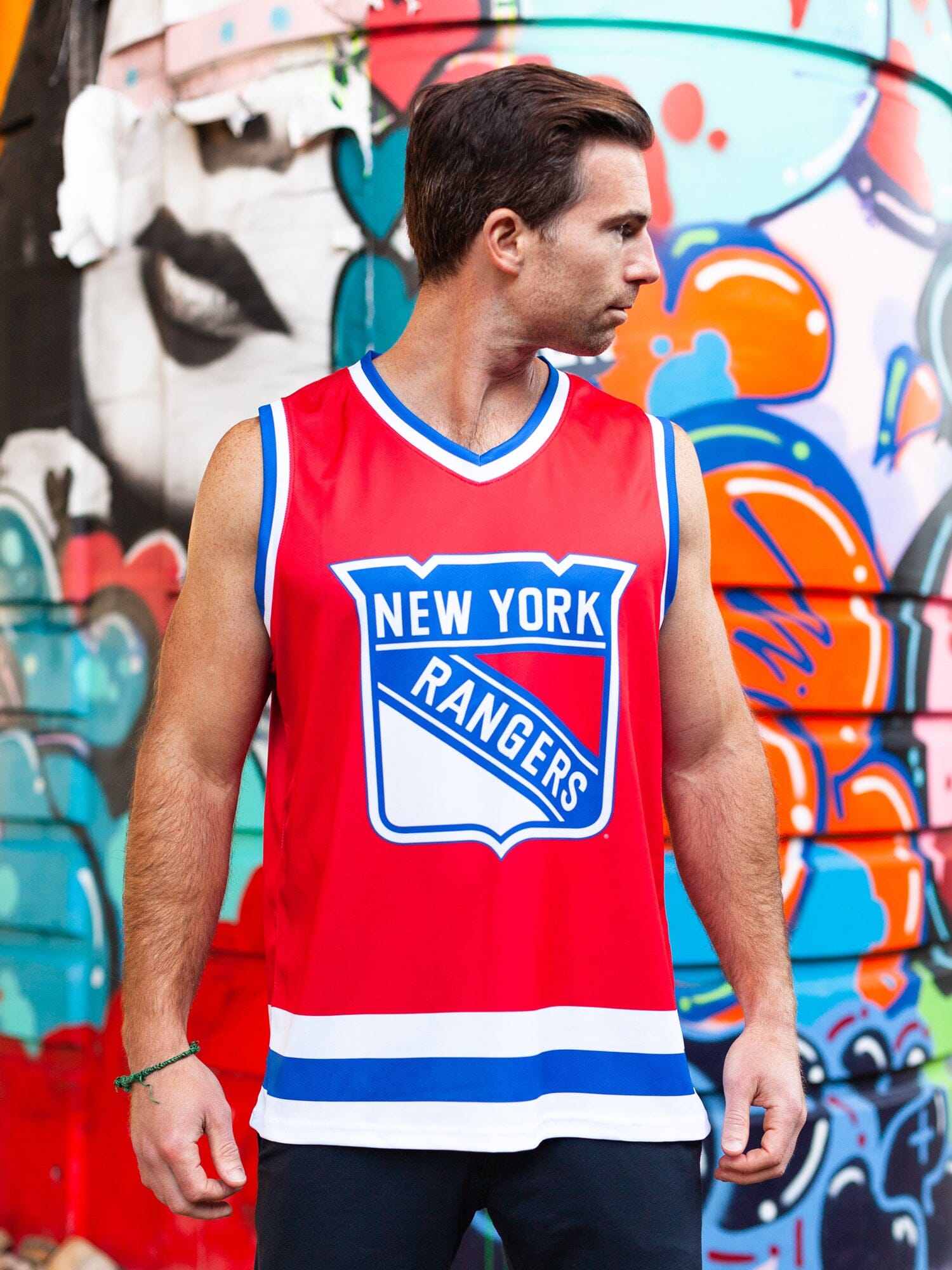 Men's Relaxed New York Rangers Graphic Hockey Jersey Hoodie in Blue Size M from Hollister